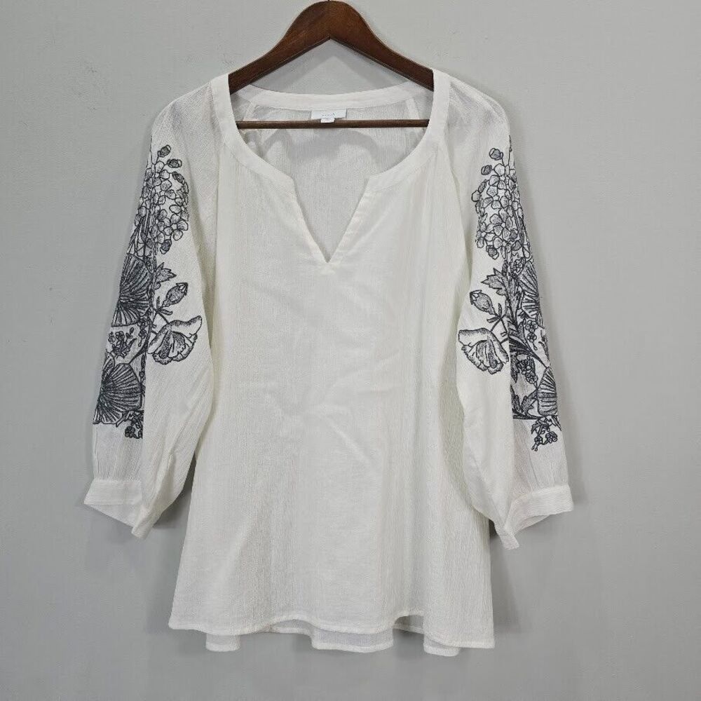 Pure Jill Tunic Top‎ Blouse XL White Embroidered Crinkle Gauzy Boho Cottagecore